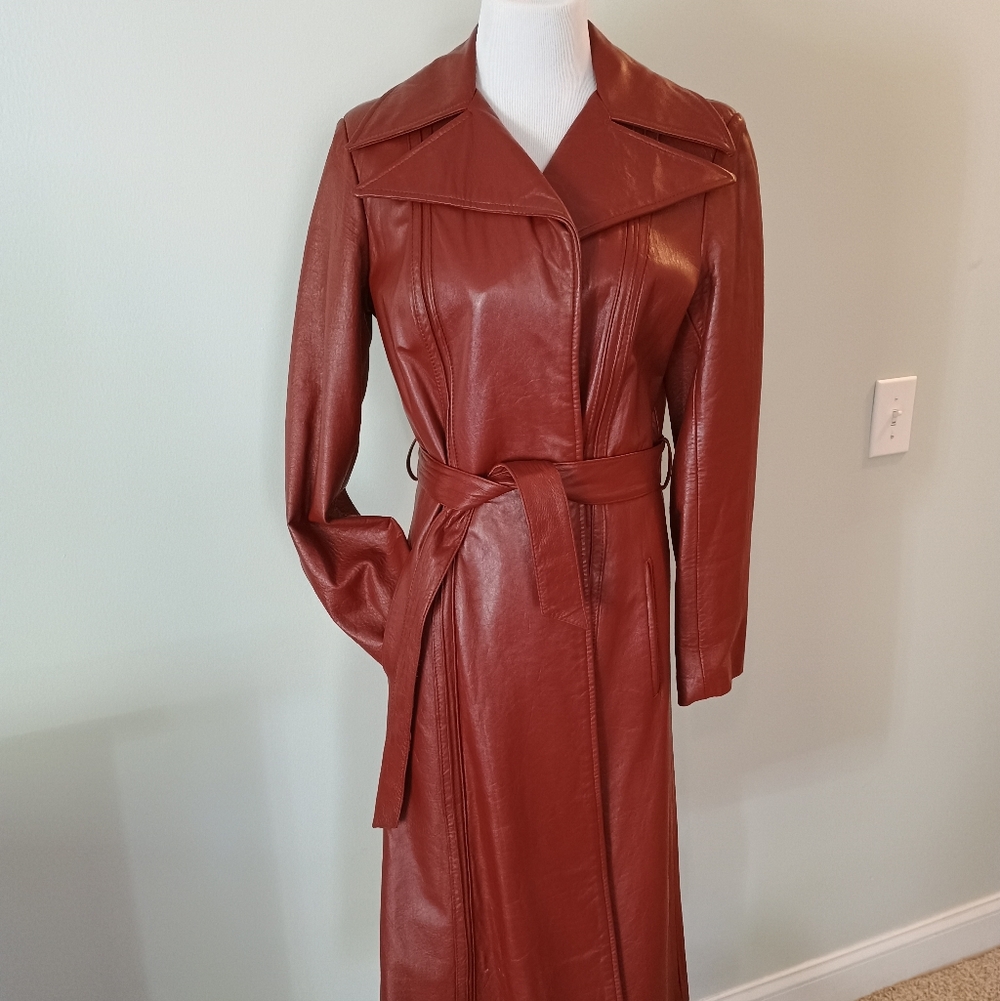 Vintage Imperial Double Breasted Red Leather Trench Coat Women's Small